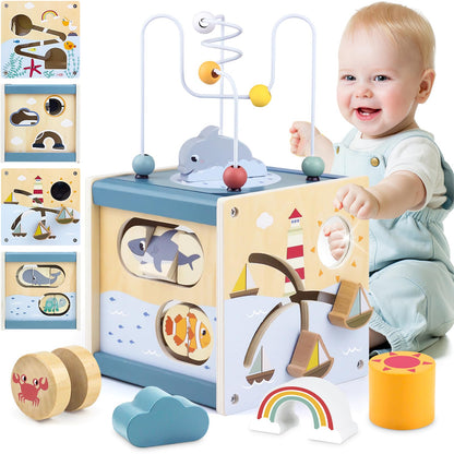 Airlab wooden activity cube with bead maze, shape sorter, and sensory features for 1-year-old children, Montessori educational toy.