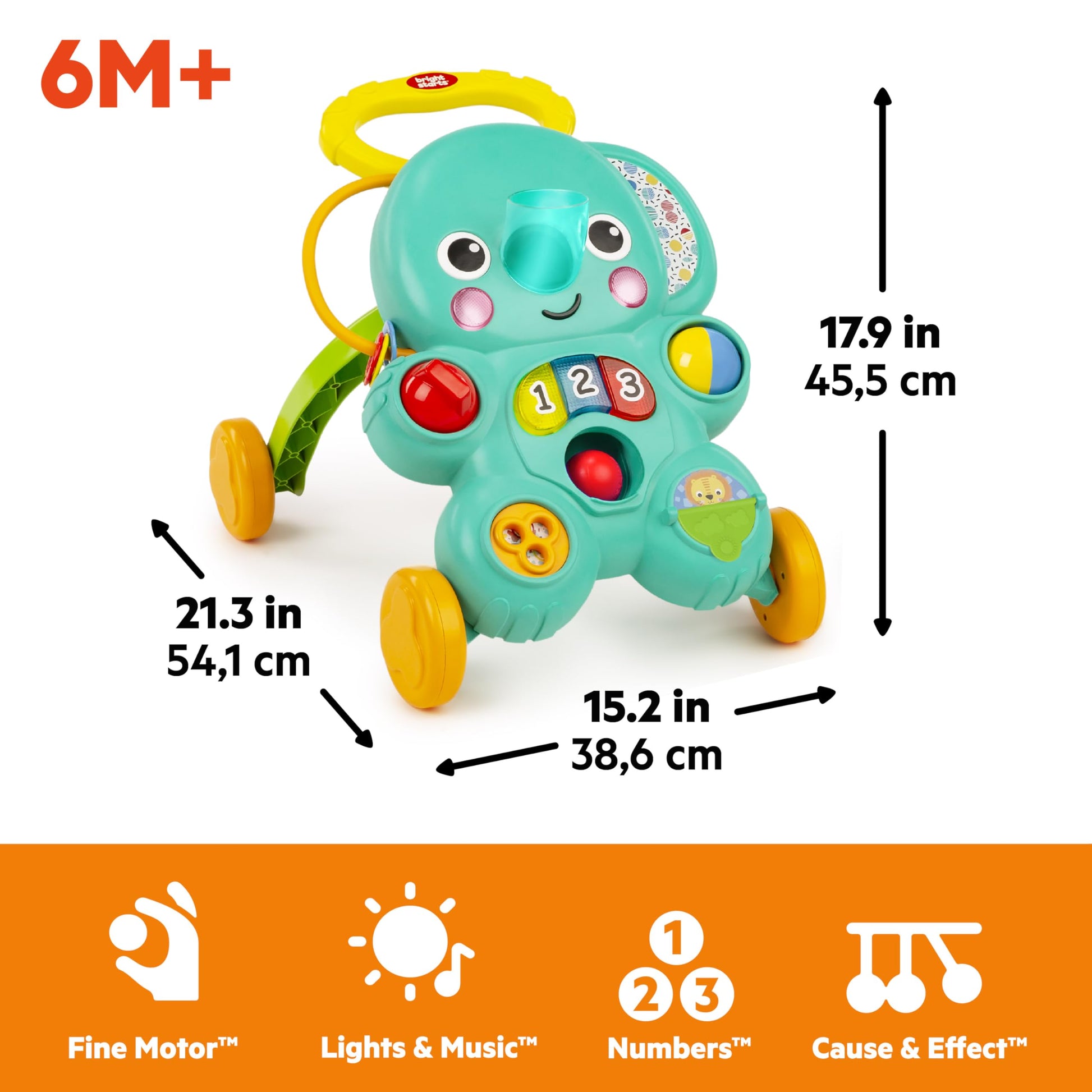 Bright Starts Stroll 'N Roll 2-in-1 Elephant Baby Walker with lights and music, suitable for children 6 months and older.