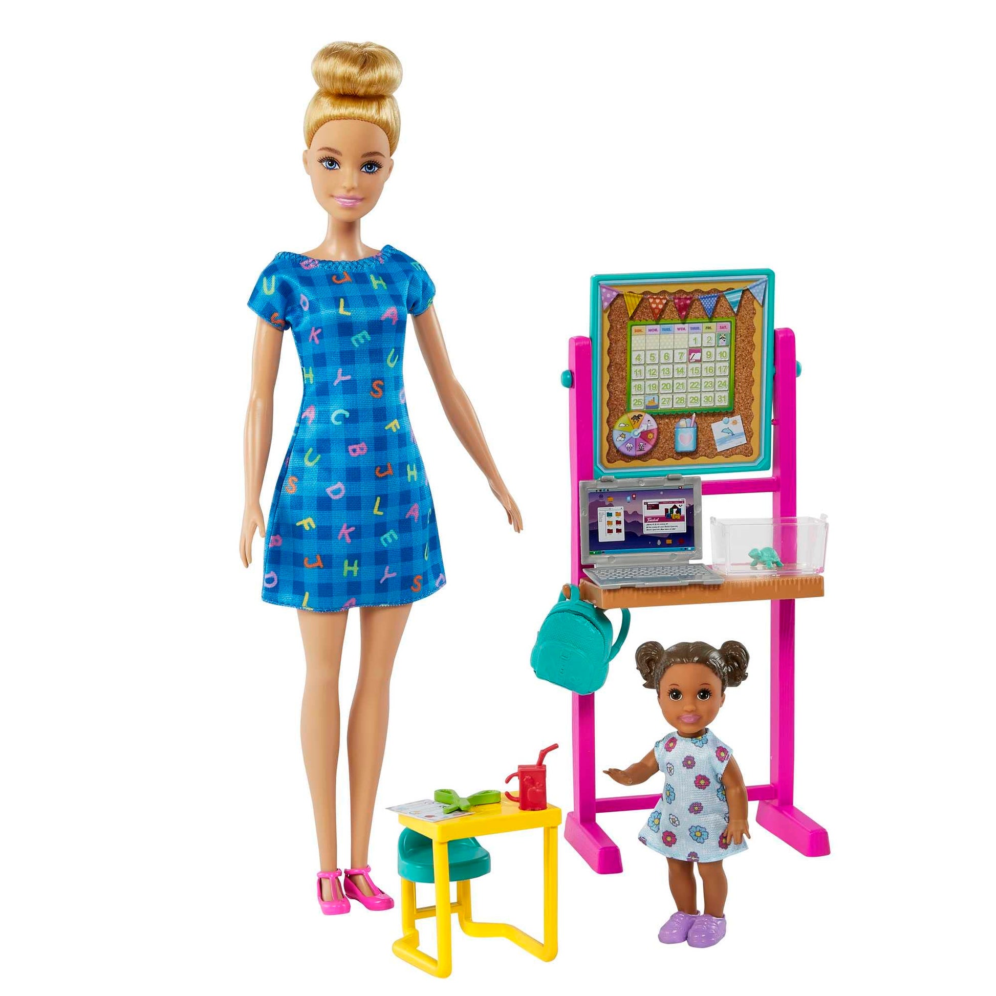 Barbie Teacher Doll with blonde hair, toddler doll, flip board, laptop, backpack, toddler desk, and pet turtle for ages 3+