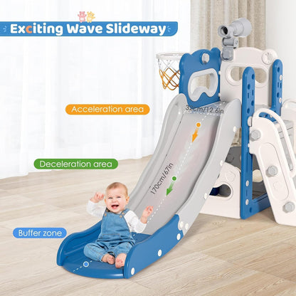 Kids Slide,Indoor Thickened Widened toddler slide with basketball hoop, climbing frame for the garden,storage space slide ((5-in-1 Naughty Bear Slide 170+Ball Frame+Telescope-Blue Gray))