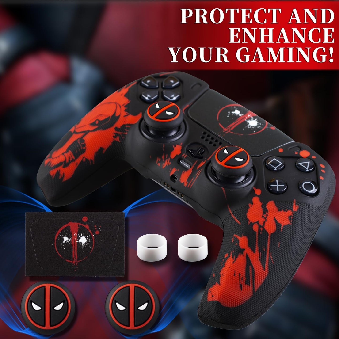 9CDeer non-slip silicone cover for PS5 controller with thumbstick caps and sticker, offering enhanced grip and customization.