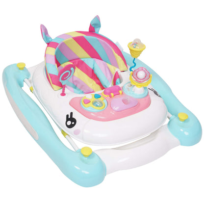 MyChild Unicorn 2-in-1 pink rainbow baby walker and rocker with activity center, foldable frame, safety blocks, and adjustable height for infants.
