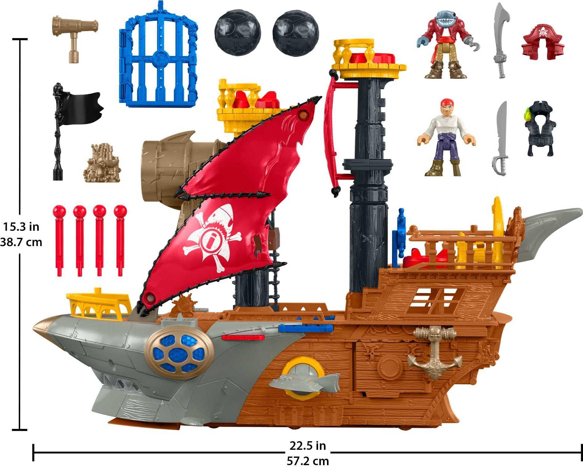 Fisher-Price Imaginext pirate ship playset with shark figure, accessories, and pirate figurine for preschool pretend play.