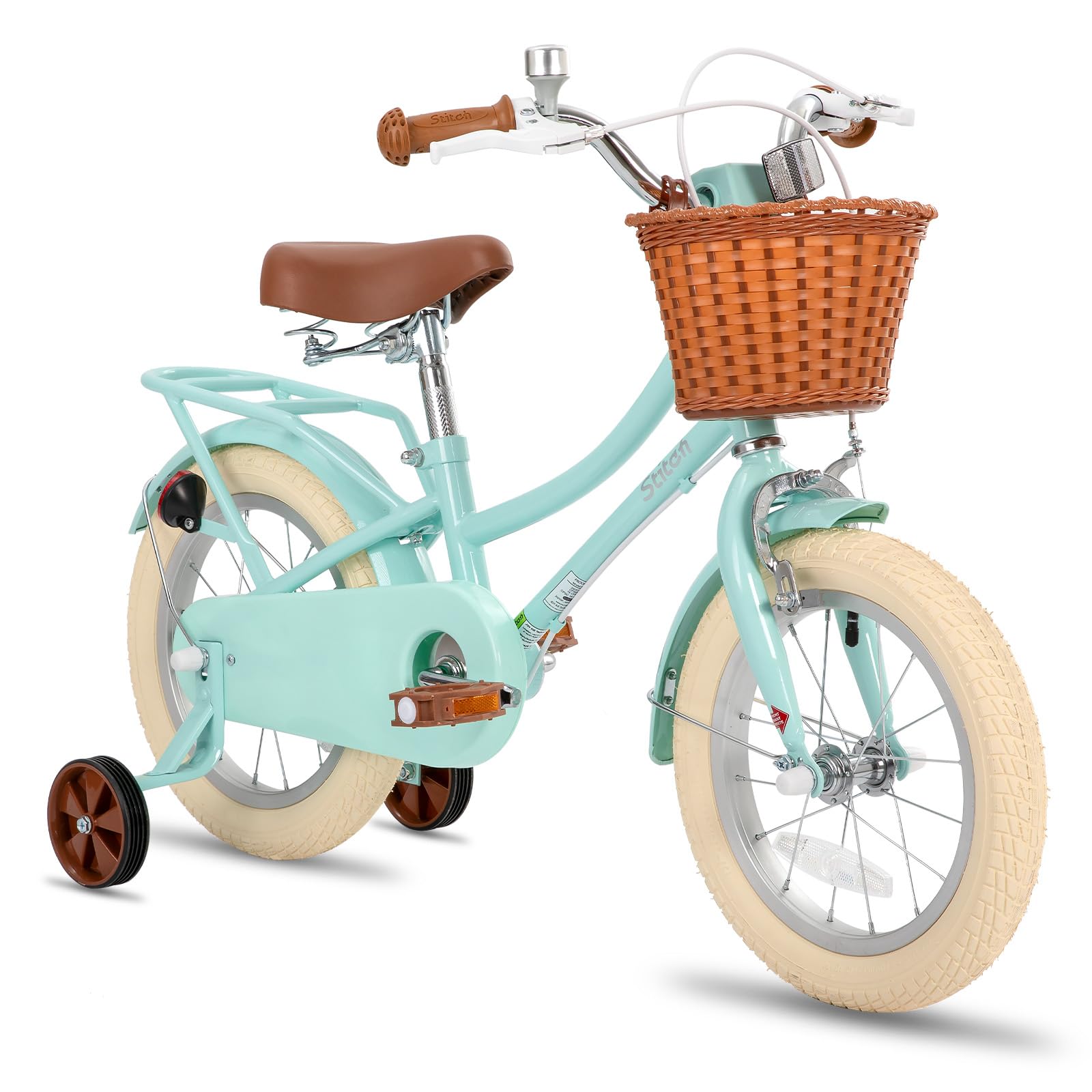 Mint green STITCH 14-inch kids bike with basket and stabilisers, designed for girls aged 3-5.