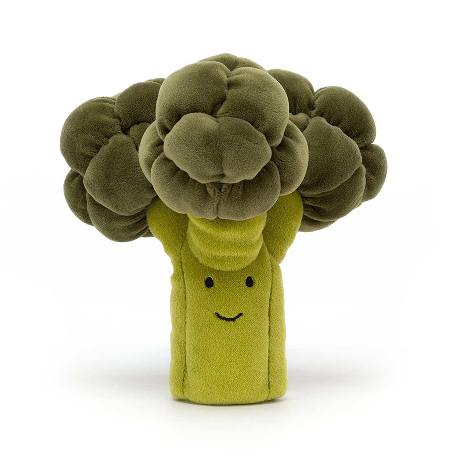 Soft Jellycat Vivacious Vegetable Broccoli plush toy with a smiling face and green fabric, perfect for cuddles and play.