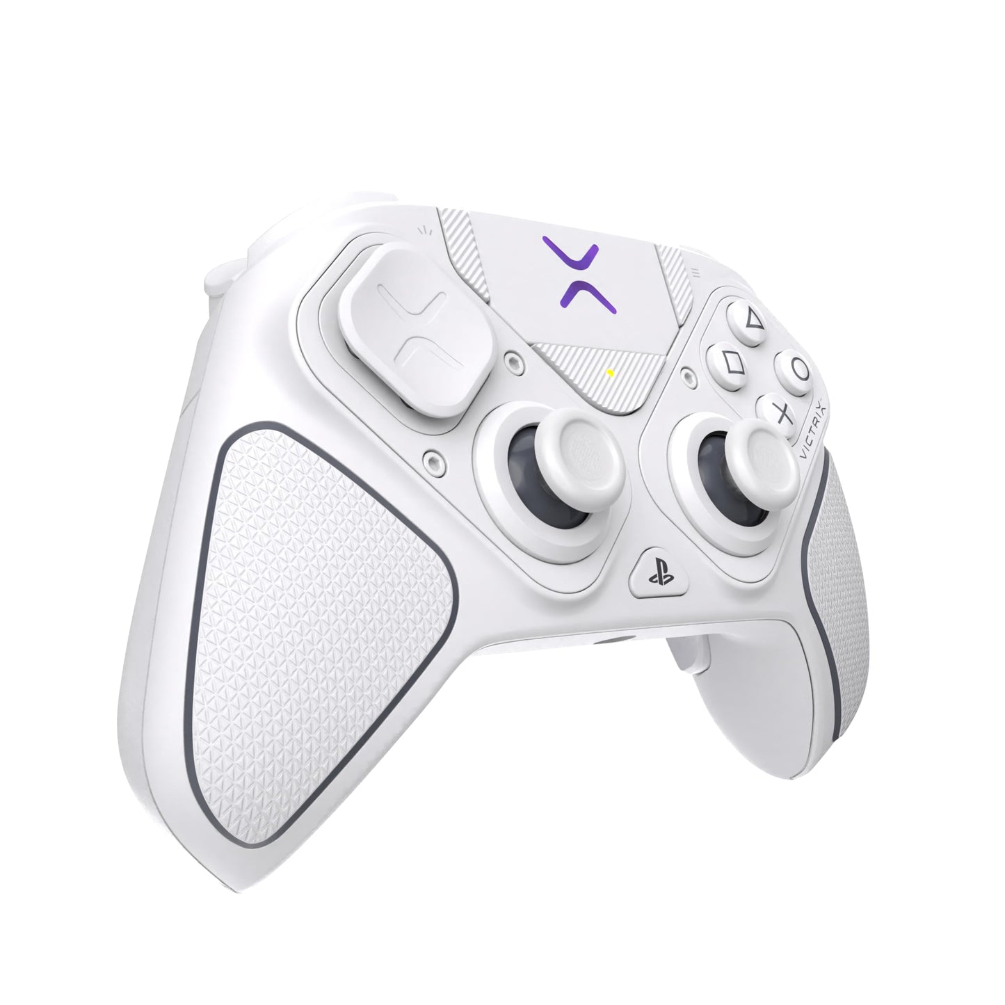 Turtle Beach Victrix Pro BFG Reloaded wireless PlayStation controller in white, featuring customizable buttons and ergonomic design.