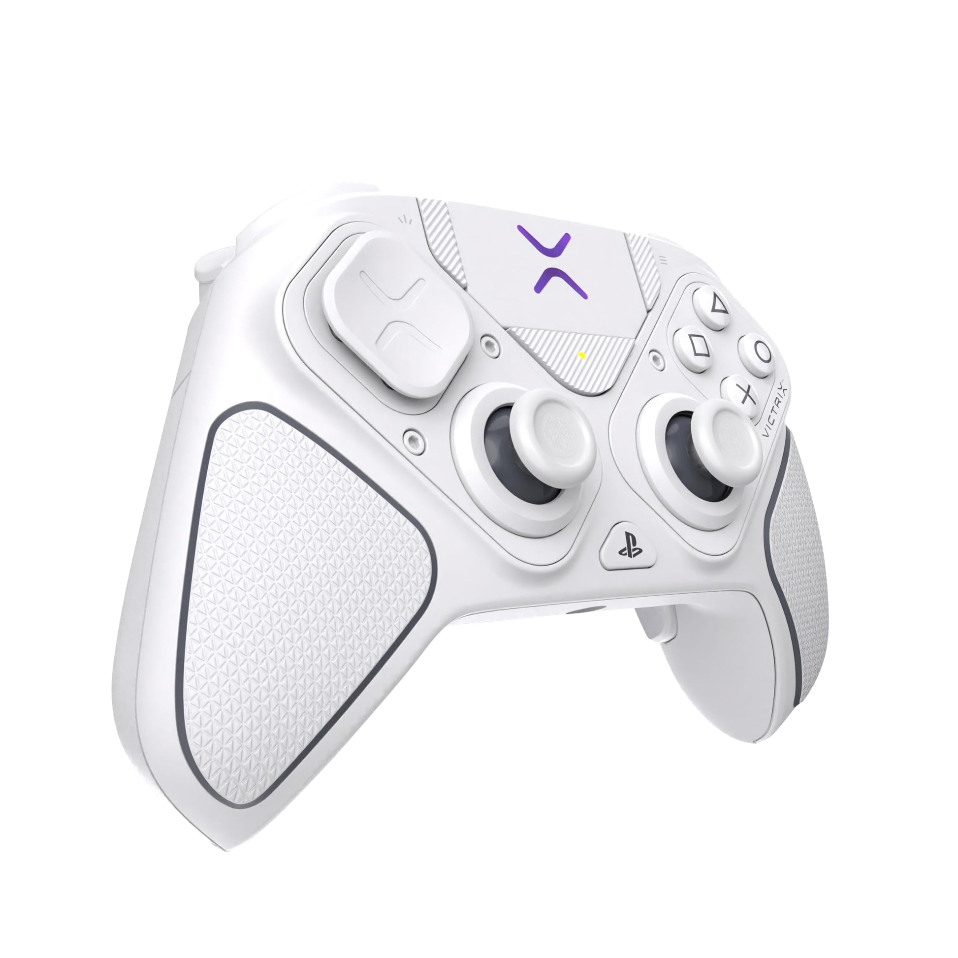 Turtle Beach Victrix Pro BFG Reloaded wireless PlayStation controller in white, featuring customizable buttons and ergonomic design.