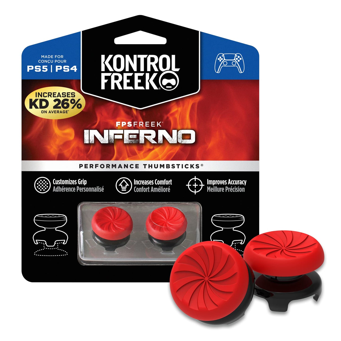 KontrolFreek FPS Freek Inferno thumbsticks for PS4 and PS5, red high-rise concave performance thumbsticks for improved grip.