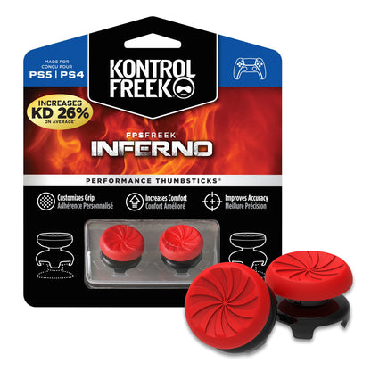KontrolFreek FPS Freek Inferno thumbsticks for PS4 and PS5, red high-rise concave performance thumbsticks for improved grip.