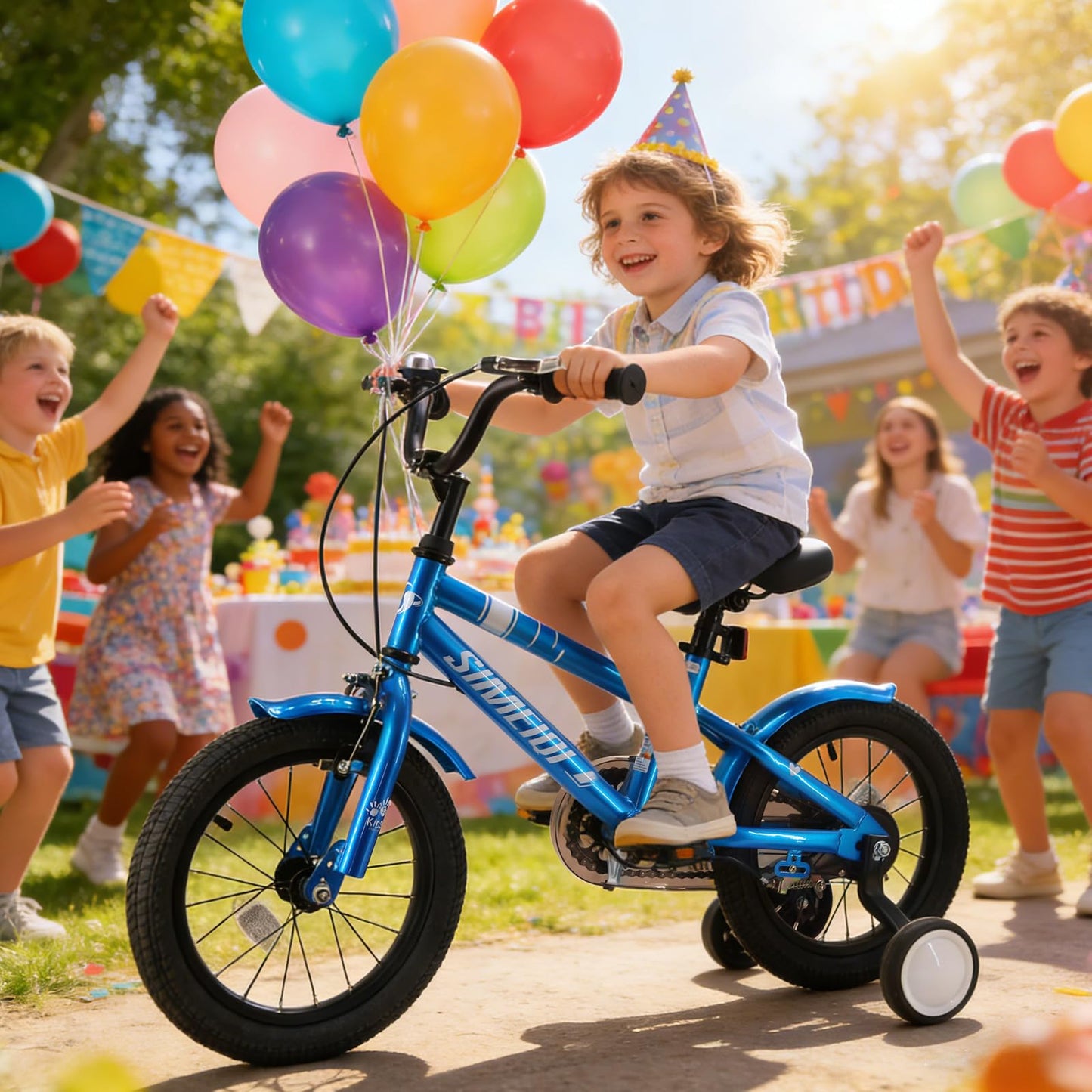SIMEIQI kids bike for ages 3-9, featuring stabilisers, dual handbrakes, adjustable seat, and kickstand in vibrant colors.