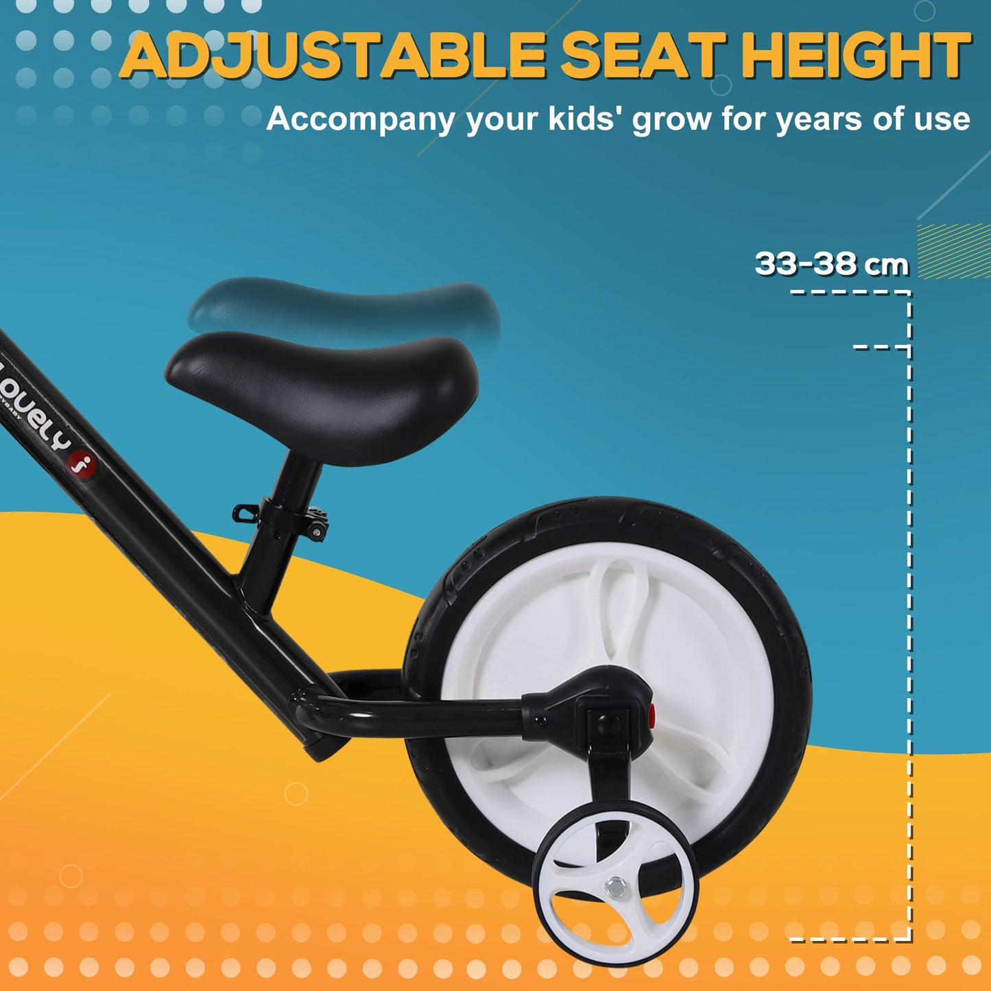 HOMCOM 11-inch kids balance bike with removable stabilizers, adjustable seat, and EVA tyres for ages 2 to 5, in black.