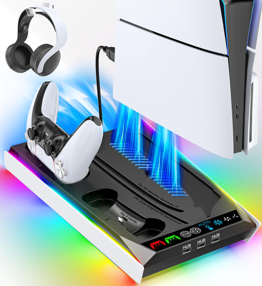 Rysker PS5/Pro/Slim stand with cooling fan, 3 charging ports, and controller charger for PS5 and Edge controllers, black plastic.