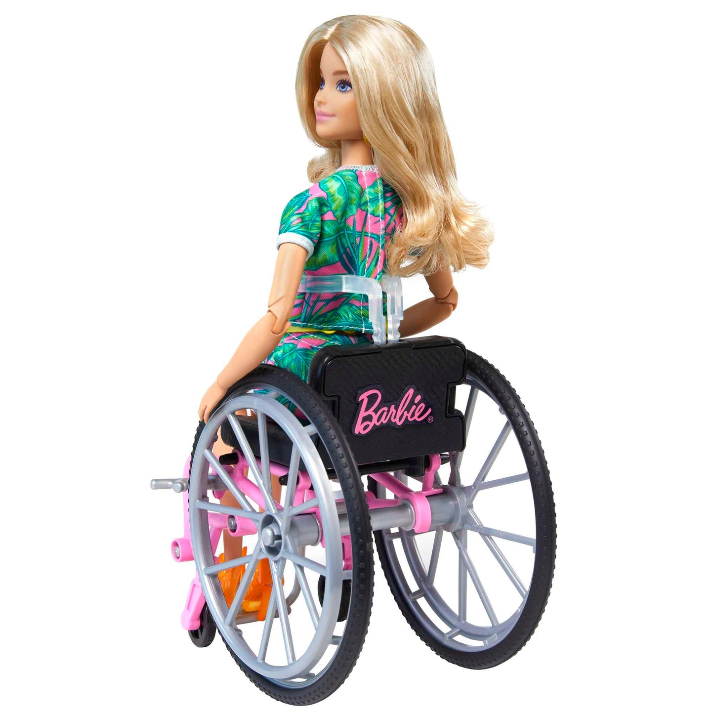 Barbie Fashionistas Doll #165 with long blonde hair, wheelchair, tropical romper, orange shoes, and lemon fanny pack for kids 3-8.