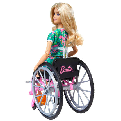 Barbie Fashionistas Doll #165 with long blonde hair, wheelchair, tropical romper, orange shoes, and lemon fanny pack for kids 3-8.