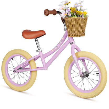 Light purple 14-inch kids' balance bike by Hello-5ive with carbon steel frame, removable basket, rubber tires, and adjustable height.
