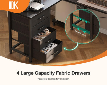 ODK Corner Desk with Drawers, Reversible L Shaped Computer Desk with Power Outlet, Office Desks with USB Charging Port and Host Stand for Home Office Black, 135×100cm