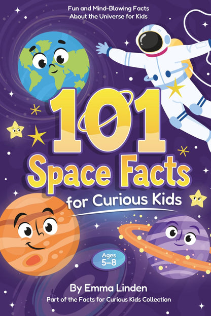 Cover of "101 Space Facts for Curious Kids" book by Super Toy Store, featuring colorful space-themed illustrations for children ages 5-8.