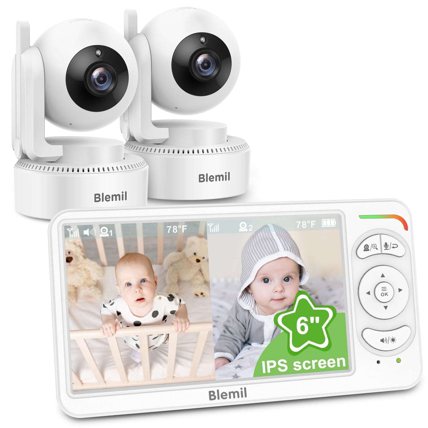Blemil video baby monitor with two cameras, large split screen, night vision, remote pan/tilt/zoom, and 30-hour battery life.