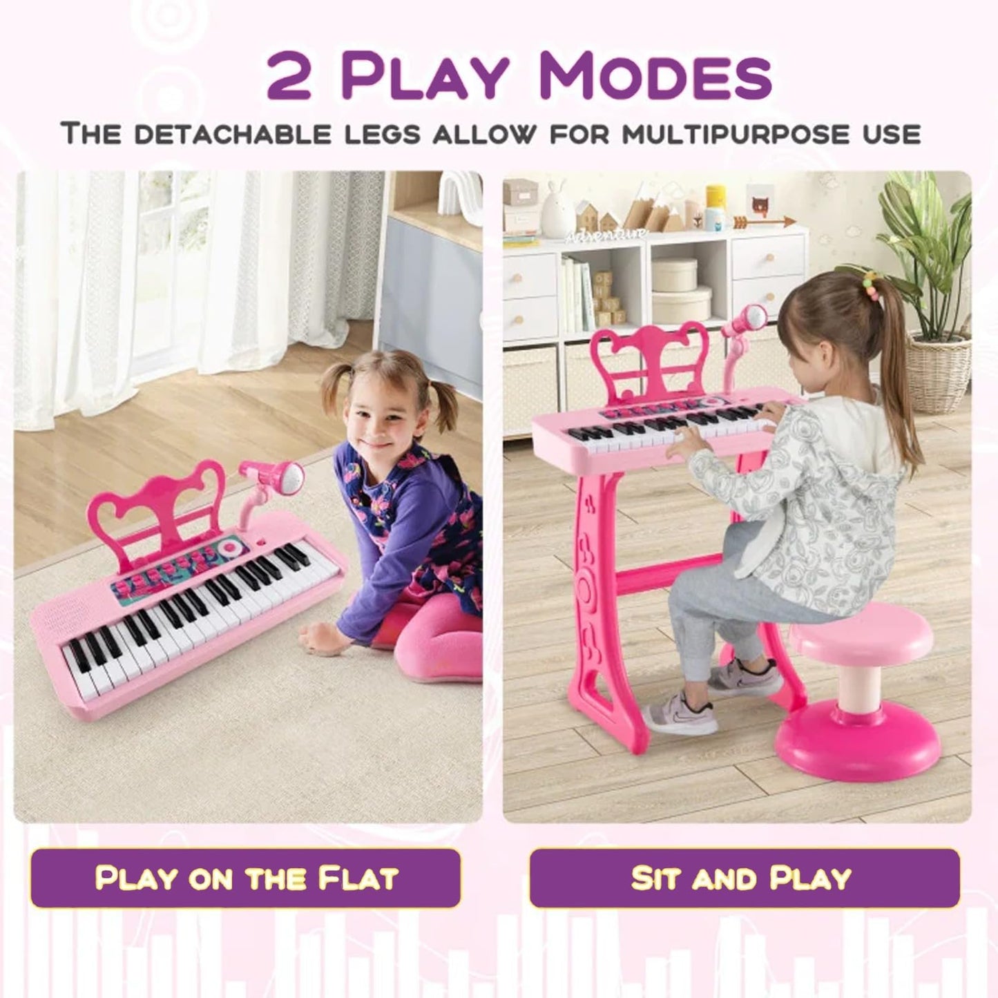 DIOXSTAR Kids Piano and Stool set with 37-key pink keyboard, adjustable microphone, compact design for imaginative musical play