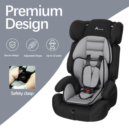 Alivio adjustable toddler car seat with padded fabric, 3-layer headrest, soft recline, designed for children aged 0-12 years.