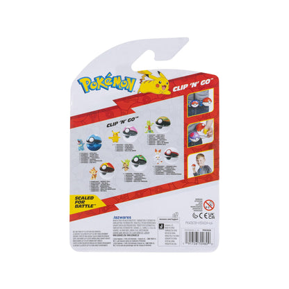 Pokémon Clip ‘N’ Go Pikachu figure with Love Ball accessory, showcasing 2-inch Pikachu in vibrant colors.