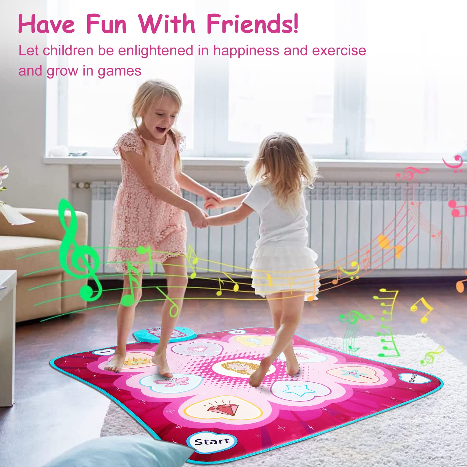 JUYOUNGA musical dance mat toy for girls with LED lights, 5 play modes, adjustable volume, and challenge levels for kids ages 3-9.