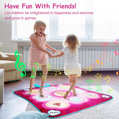 JUYOUNGA musical dance mat toy for girls with LED lights, 5 play modes, adjustable volume, and challenge levels for kids ages 3-9.