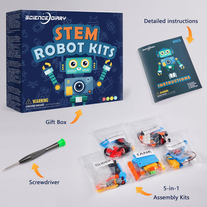 SCIENCE DIARY STEM robot building kit for kids with motor, tools, and engineering parts for educational science experiments and crafts.