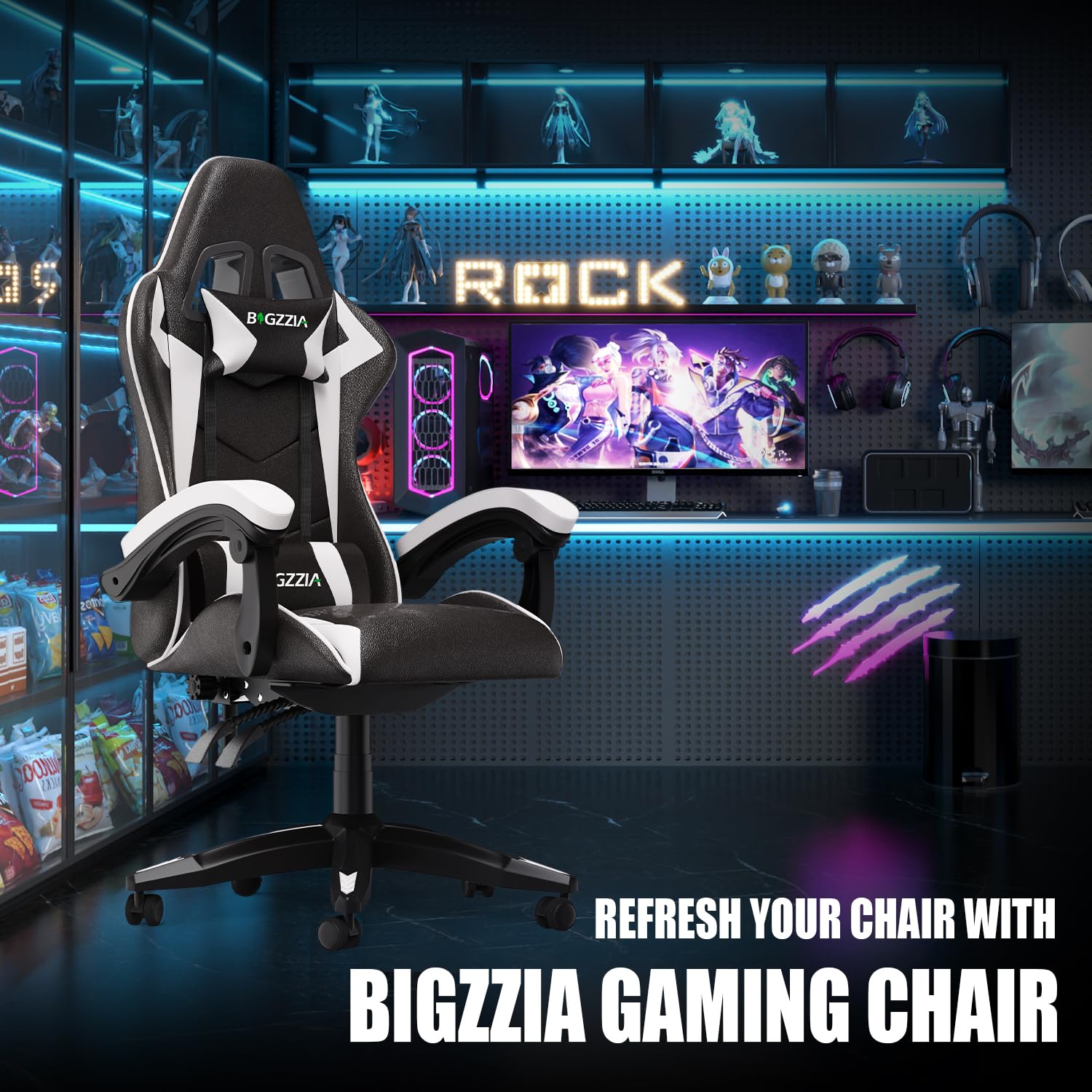 bigzzia white ergonomic gaming and office desk chair with cushion, swivel base, heavy-duty frame, and reclining back support
