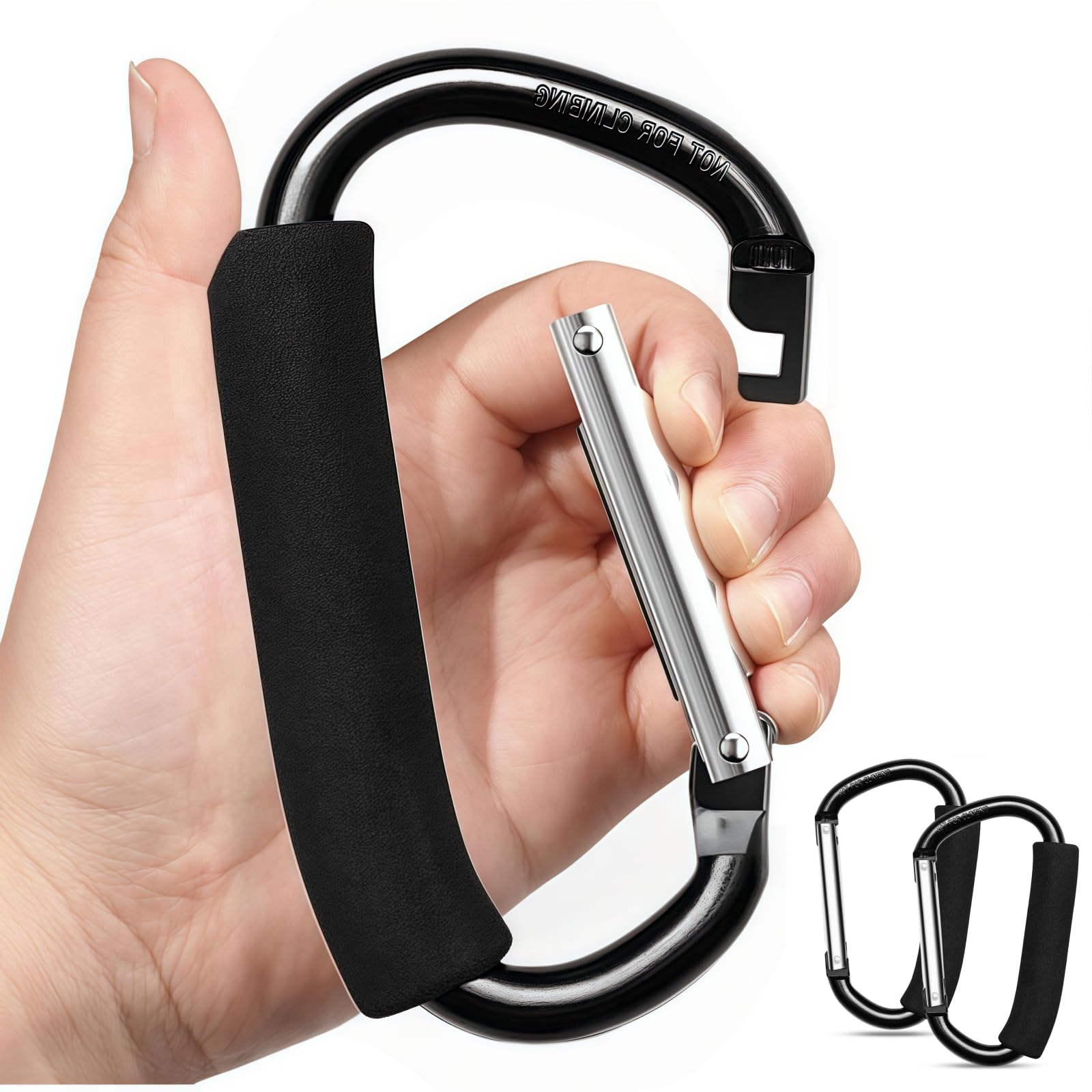 Heavy-duty black aluminum buggy clips with carabiners, perfect for stroller bags, shopping, and diaper bags, by FFDASHUN.