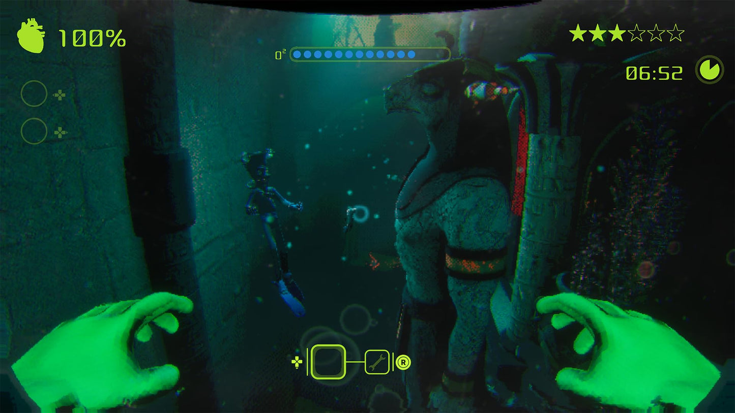 Screenshot from Murky Divers: PharmaCorps Edition for PS5, showing in-game underwater exploration with divers and pharmaceutical facility.