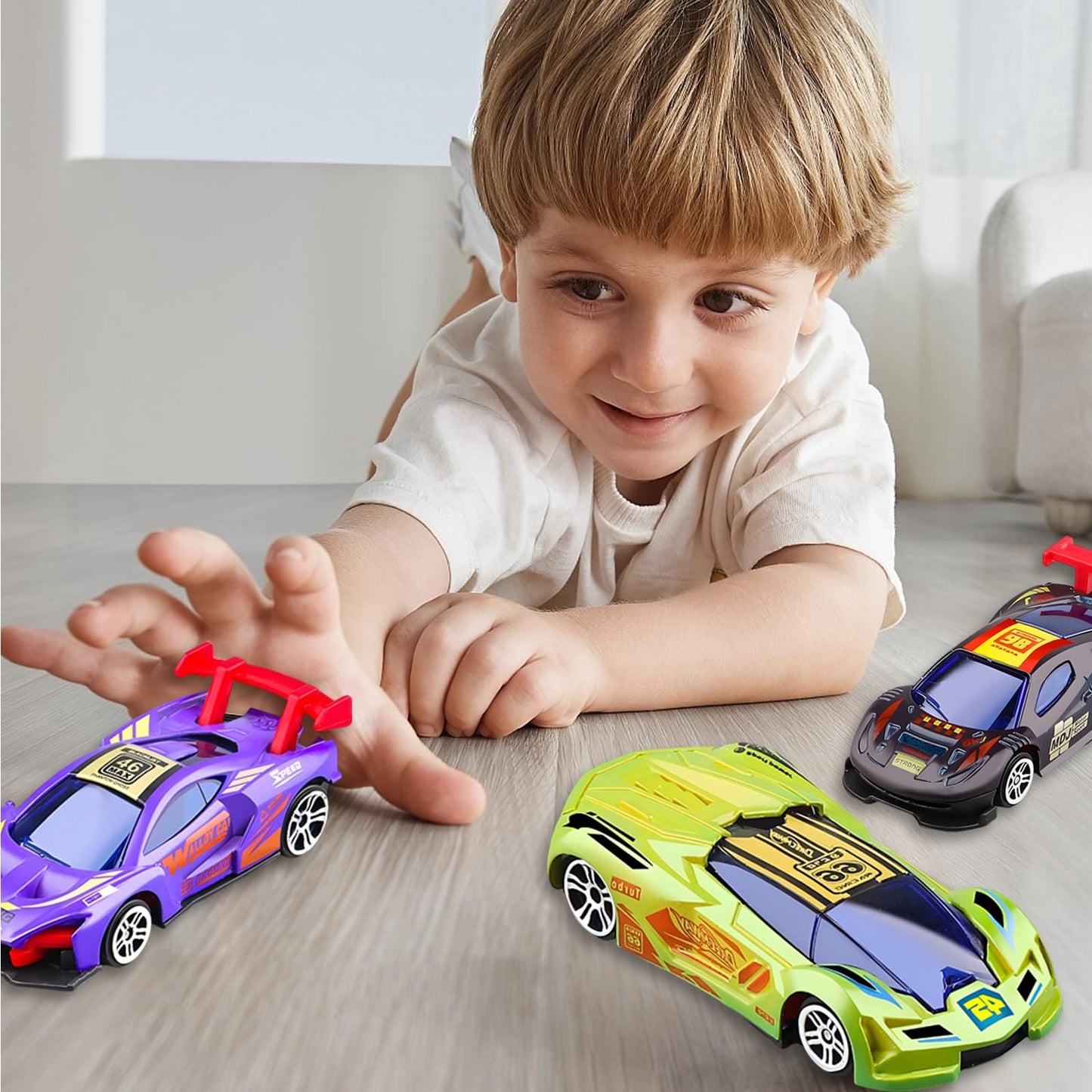 Set of 5 Hot Wheels Colour Reveal cars from TUBAWD, mini water-activated race cars with changing colors and street machine designs.