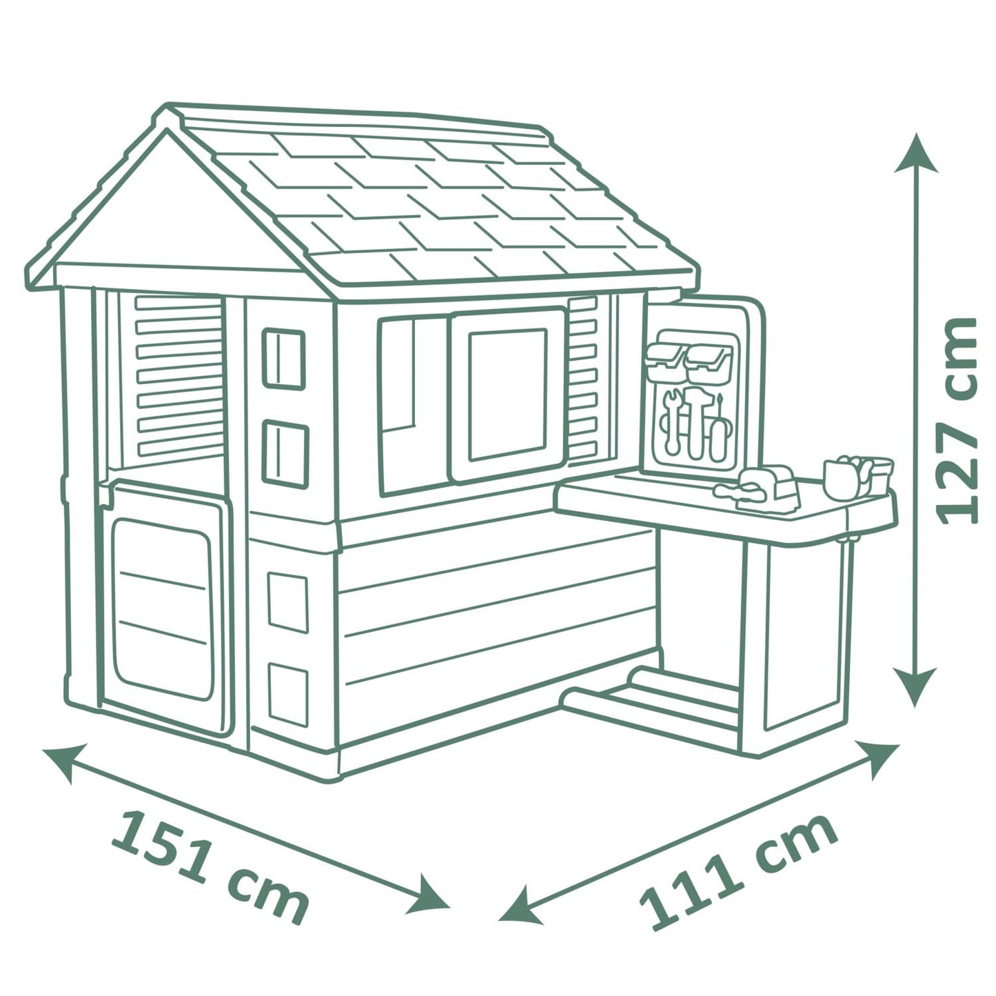 Smoby Life Nature Playhouse with Workshop, colorful outdoor plastic playhouse for kids, featuring windows, doors, and a workshop area.