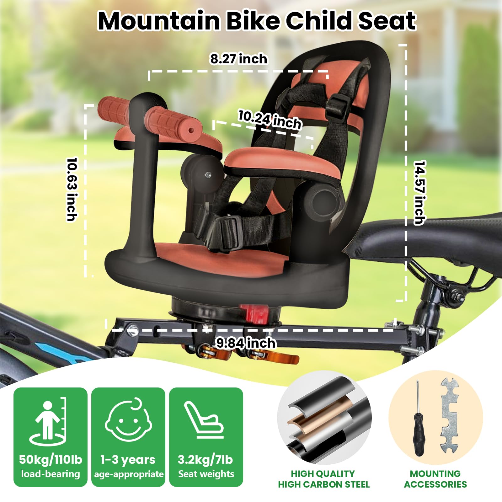Auvstar kids mountain bike seat attached to a bike, showing a safe, comfortable, front-mounted child seat for ages 1-3 with 360° rotation.