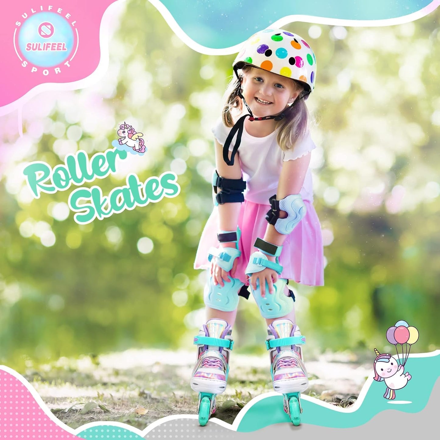 SULIFEEL adjustable light-up inline skates for kids with rainbow unicorn design and illuminated wheels, ideal for beginner skaters.