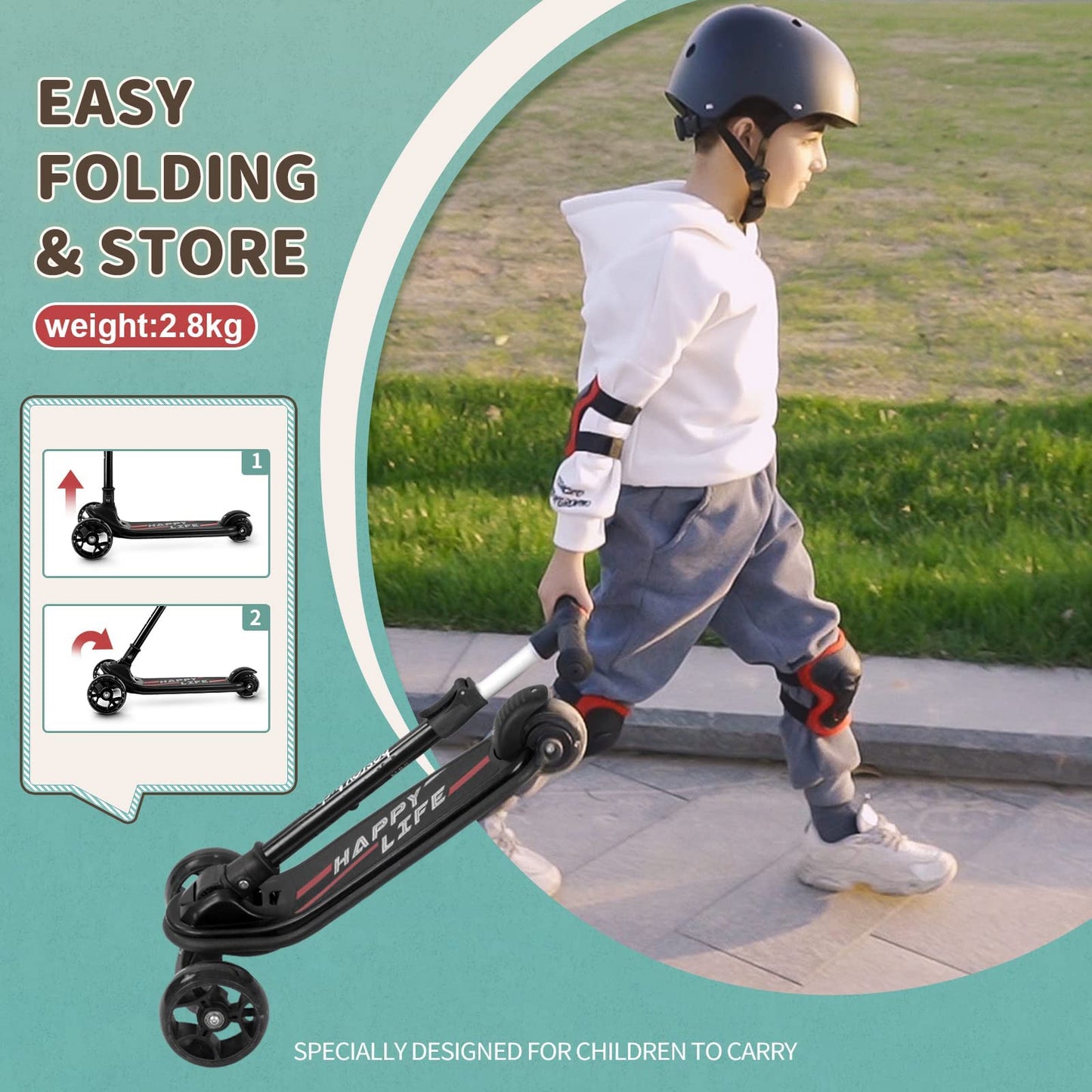 besrey kids scooter with large wheels, foldable design, flashing LED lights, adjustable height, three-wheel safety scooter for children