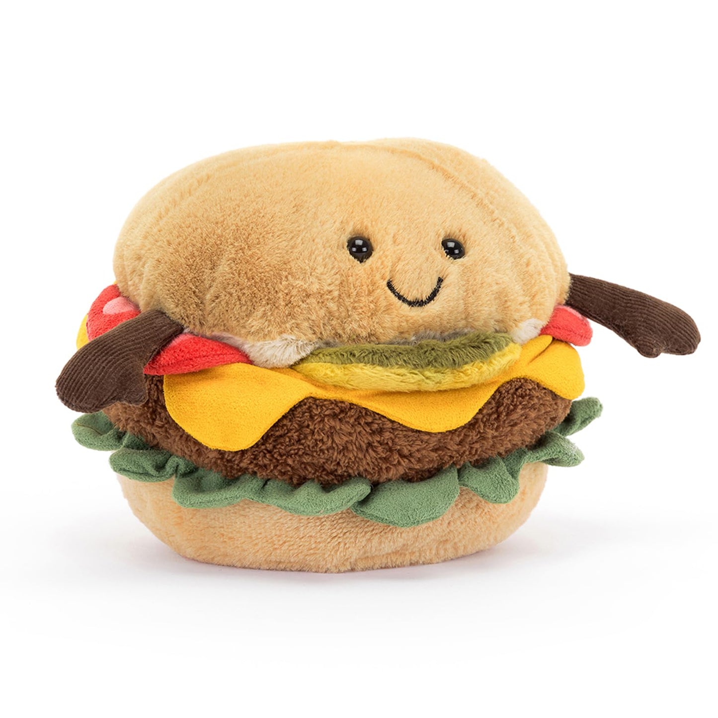 Jellycat Amuseable Burger plush toy, featuring a smiling face, colorful layers, and soft texture, measuring 11 cm.