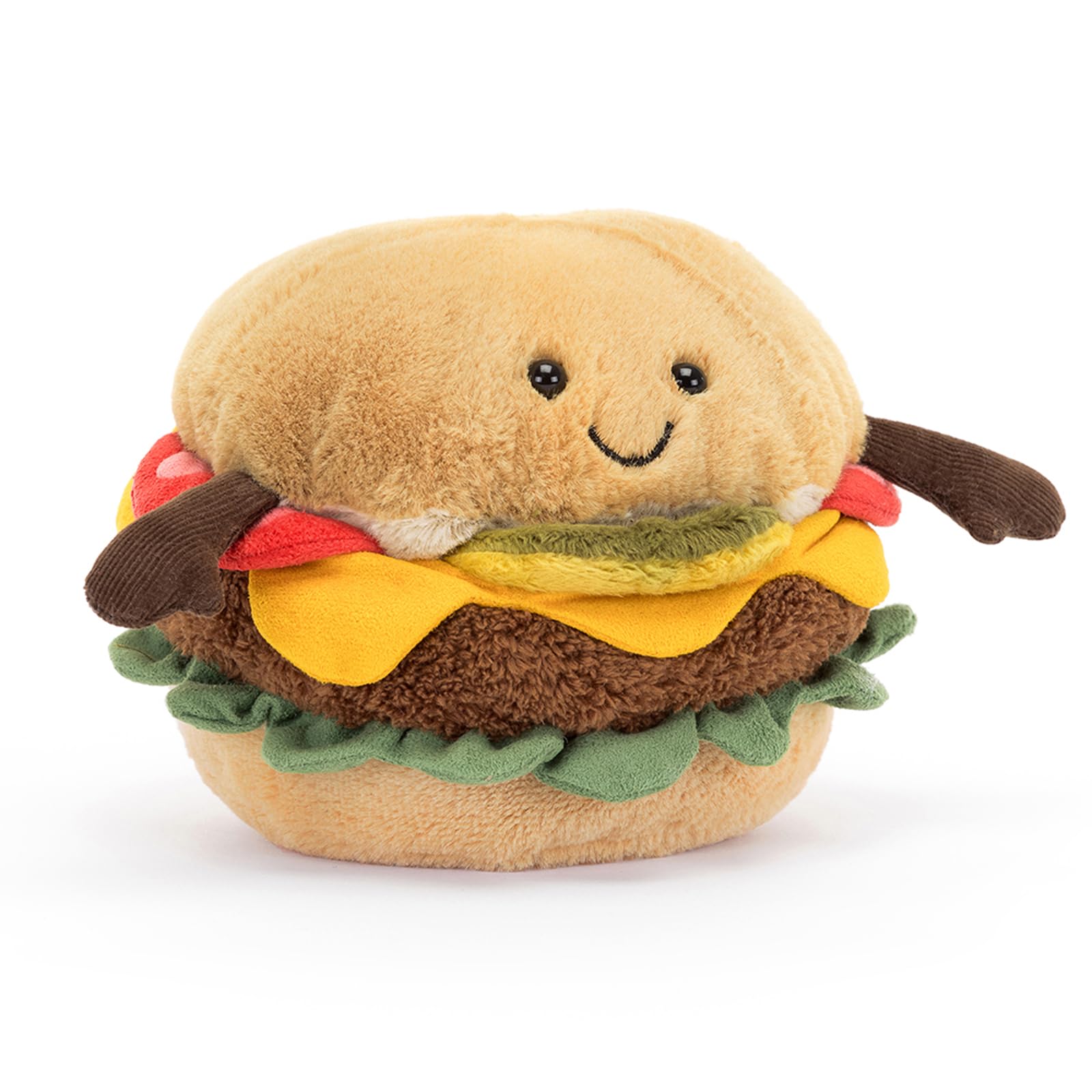 Jellycat Amuseable Burger plush toy, featuring a smiling face, colorful layers, and soft texture, measuring 11 cm.