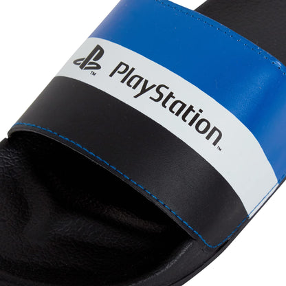 PlayStation men's black gaming sliders featuring slip-on design and PlayStation logo, perfect for teens and boys.