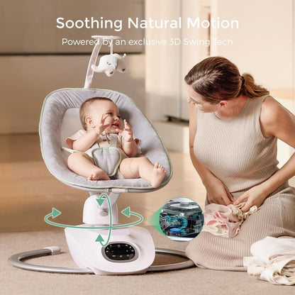 Momcozy CocoSway baby swing for infants and toddlers with 3D motion, remote, 6 motions, 4 speeds, and soothing lullabies.