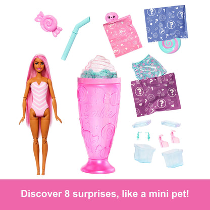 Barbie Pop Reveal Treat Series fashion doll set with Sweet Swirl theme, accessories, and pet, showcasing 8 surprises.