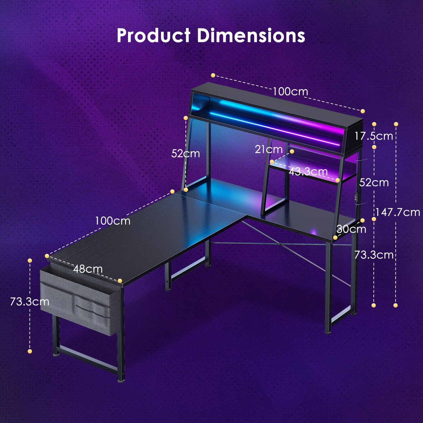 Coleshome L Shaped Gaming Desk with Led Lights, 130×100 cm Reversible Corner Computer Desk with Display Shelves, PC Gaming Table with Storage Bag Black
