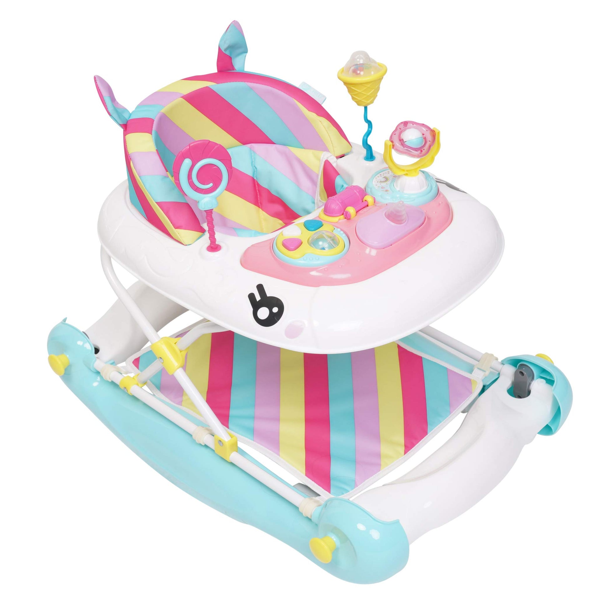 MyChild Unicorn 2-in-1 pink rainbow baby walker and rocker with activity center, foldable frame, safety blocks, and 3 height settings.