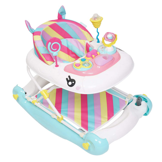 MyChild Unicorn 2-in-1 pink rainbow baby walker and rocker with activity center, foldable frame, safety blocks, and 3 height settings.