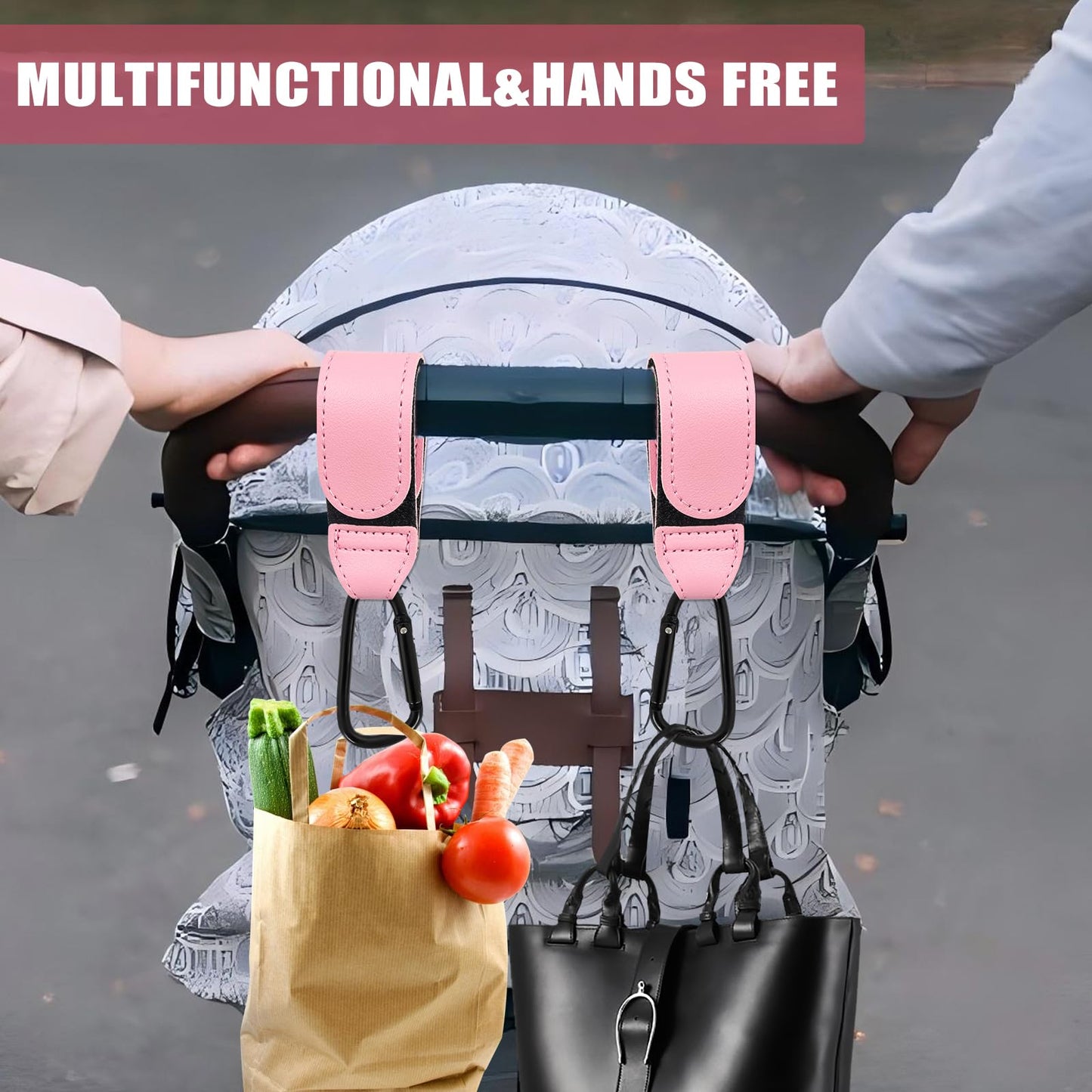 Pink 4-pack leather buggy clips by HaoHanEup for pram, stroller, bike, or backpack, ideal for securing bags and accessories.