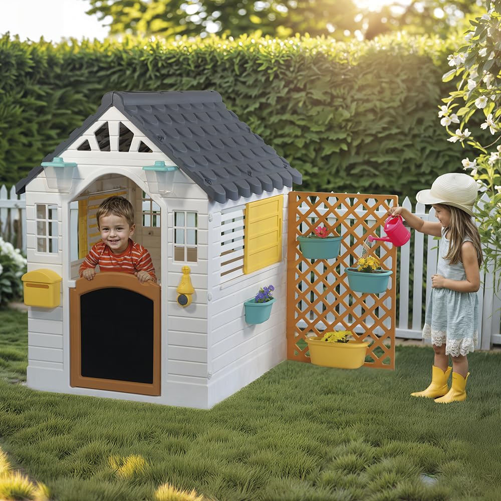 Dolu garden playhouse for kids with fence, white and grey outdoor playhouse, sturdy construction, 127x140x107.5 cm