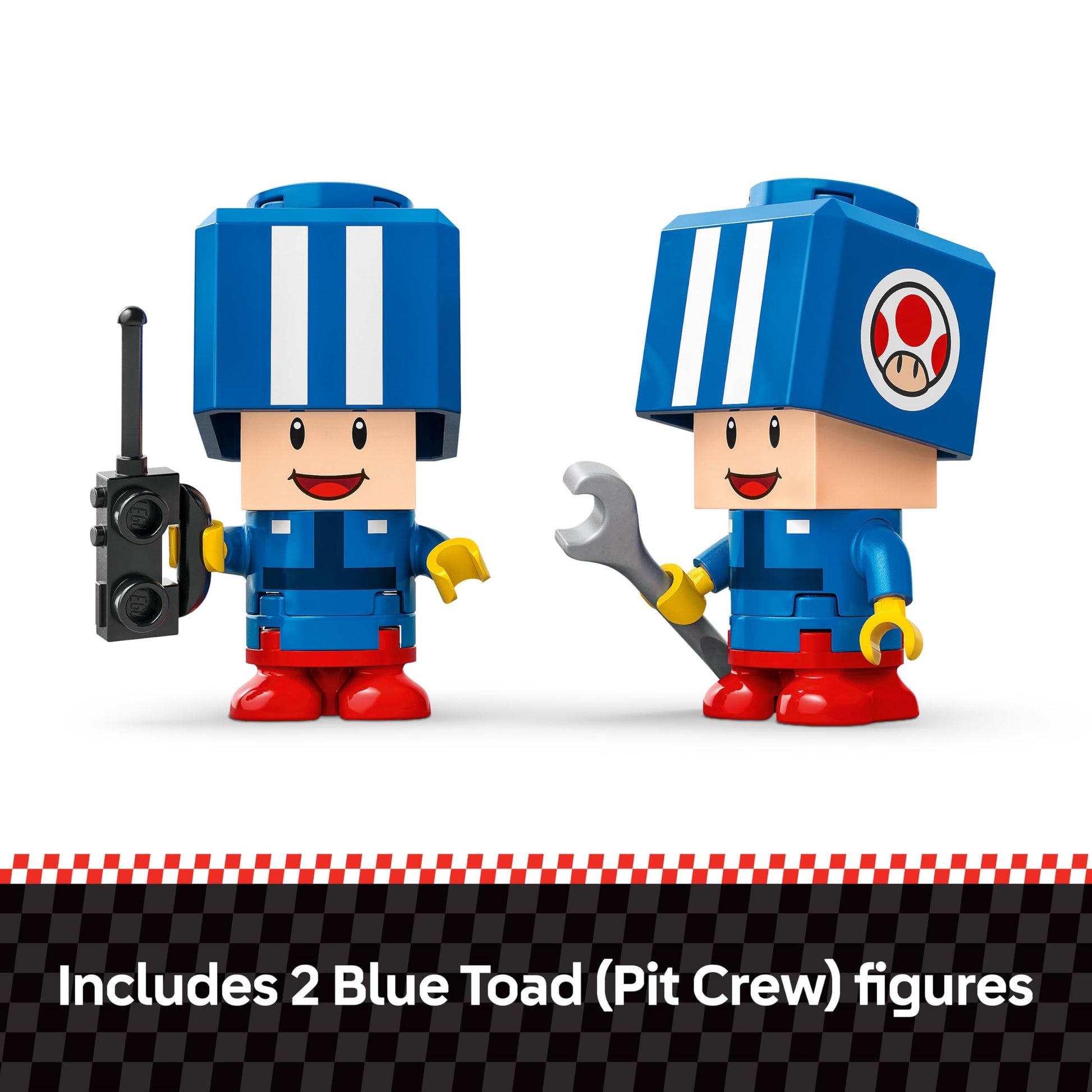 LEGO Super Mario Toad’s Garage set featuring Mario Kart mechanic toy with two blue Toad figures for ages 8 and up.