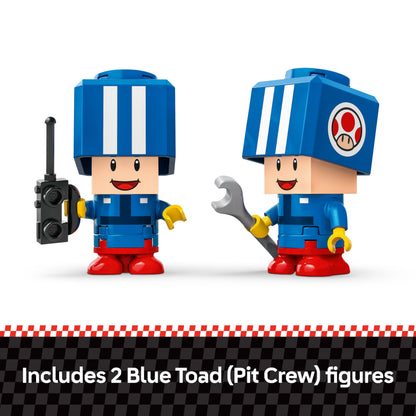 LEGO Super Mario Toad’s Garage set featuring Mario Kart mechanic toy with two blue Toad figures for ages 8 and up.
