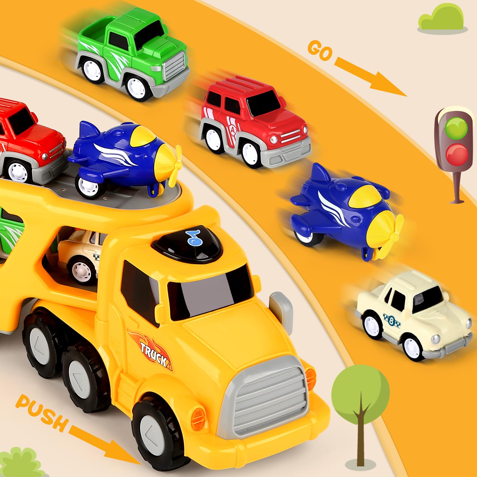 Aoskie toy car transporter truck with four pull-back car toys, suitable for toddlers and young children for birthday or Christmas gifts.