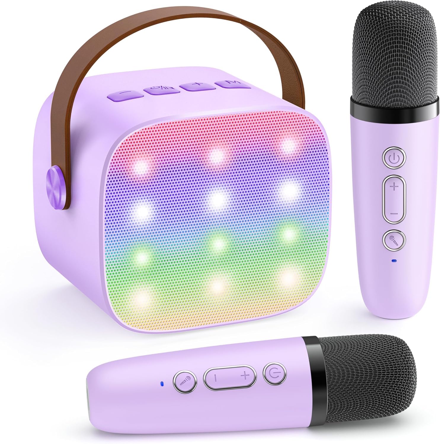 YLL Mini Karaoke Machine in purple with two wireless microphones, ideal for kids' parties and birthday gifts for ages 3 to 12.
